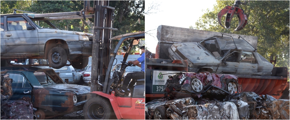 Compactación de vehículos en el corralón municipal de Posadas