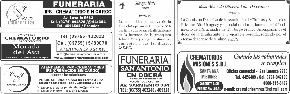 Fúnebres del martes 21 de julio de 2026